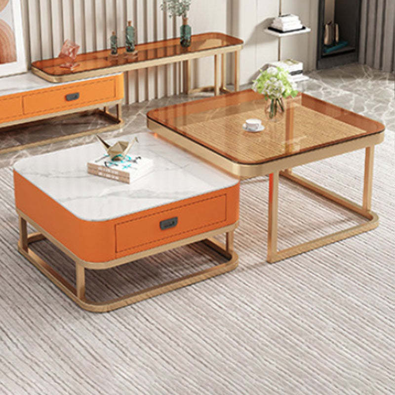 Minimalist Rock Slab Glass Square Coffee Table 1-Drawer