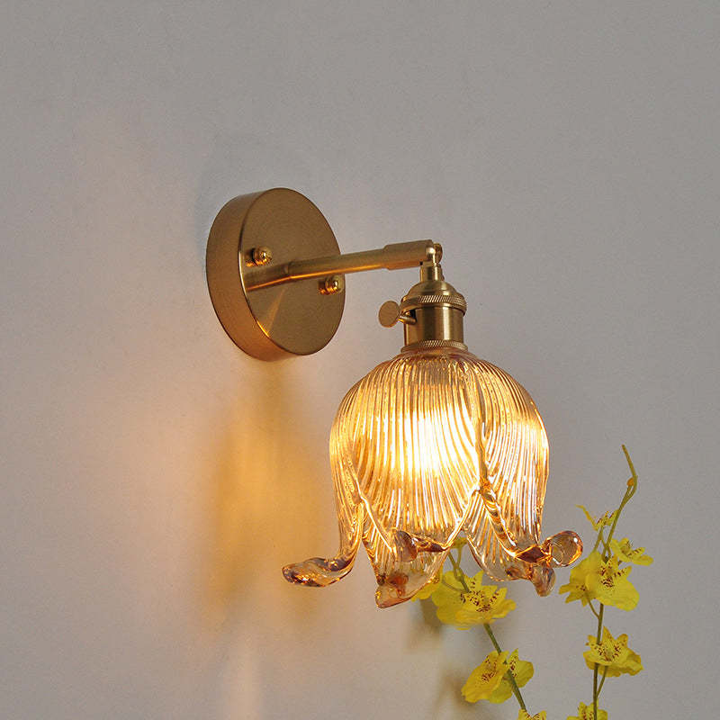 Vintage Japanese Brass Glass Bellflower Sconce — Clear / 110V-120V For US/CA