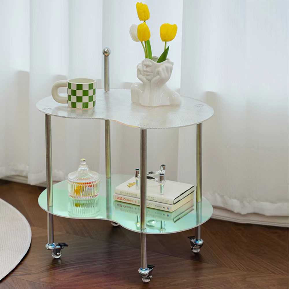 Minimalist Glass Mango-Shaped Side Table On Wheels 2-Tier