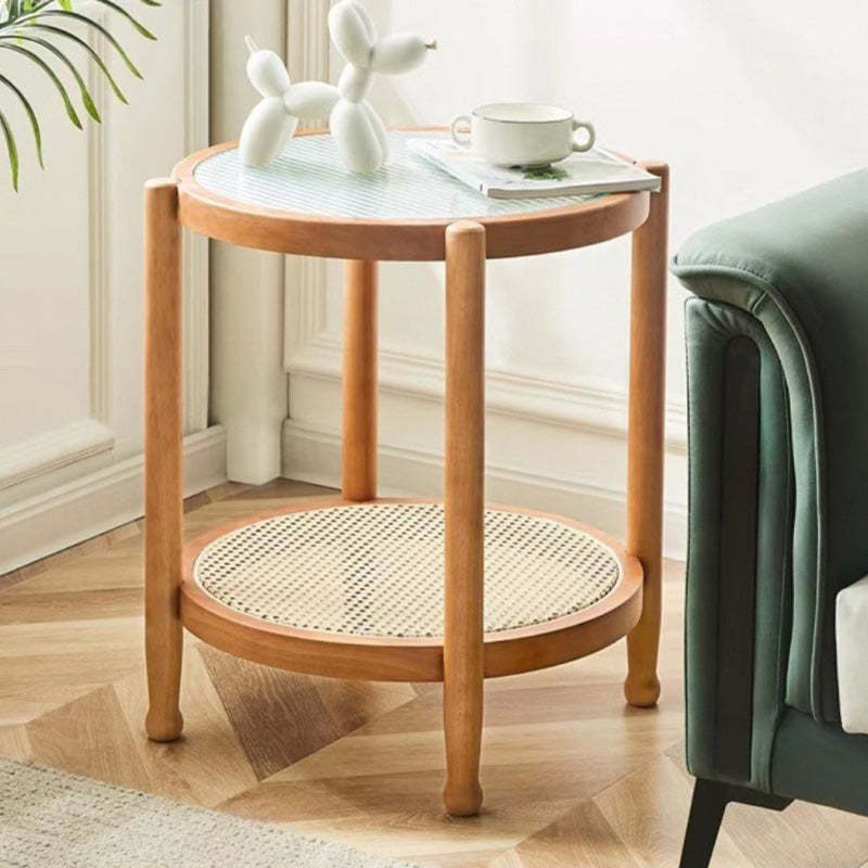 Minimalist Glass Rattan Wood 2-Tier Round Coffee Table — Walnut