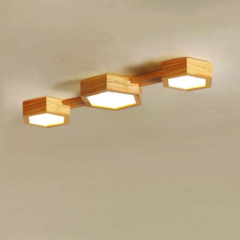 Modern Wooden Hexagonal LED Flush Mount Light