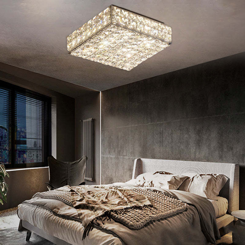 Modern Stainless Steel Crystal Rectangular LED Flush Light — Square - Large / Infinitely Dimmable / 110V-120V For US/CA
