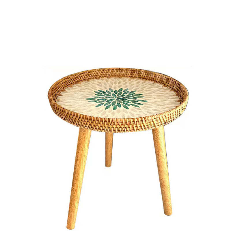 Rustic Handmade Shell Wood Rattan Side Table