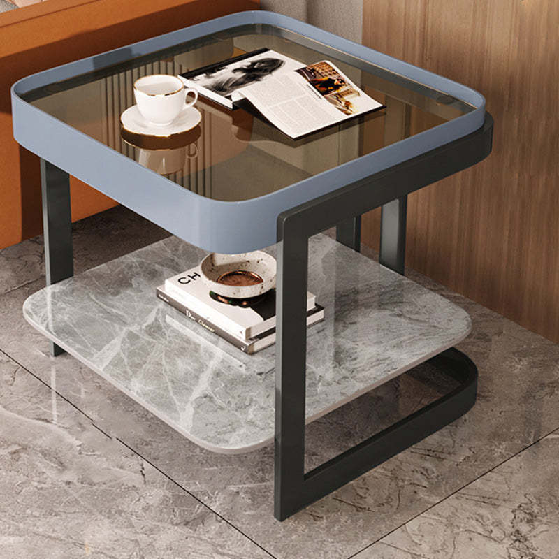 Modern Luxury Glass Rock Slab Iron 2-Tier Coffee Table