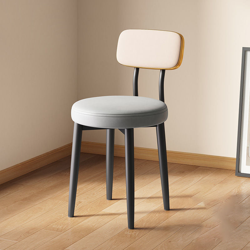 Minimalist Leather Metal Round Rectangular-Back Dining Chair — Beige Backrest + Gray Seat
