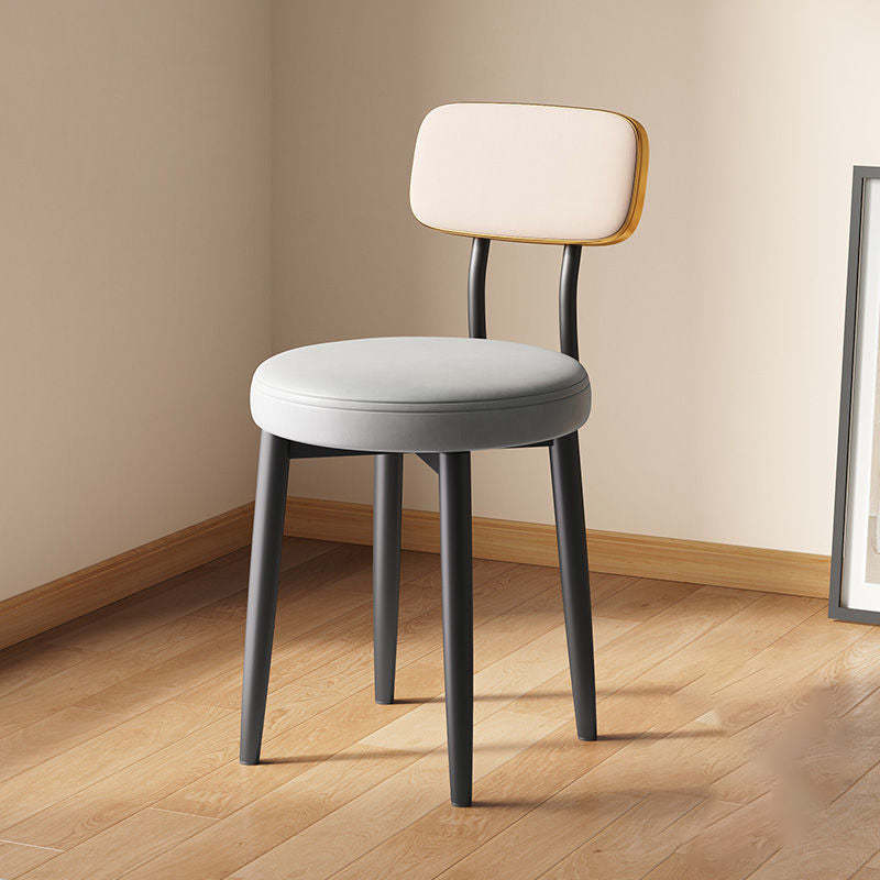Minimalist Leather Metal Round Rectangular-Back Dining Chair — Beige Backrest + Gray Seat