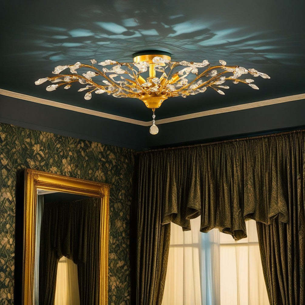 European Branch Iron Crystal Semi-Flush Ceiling Light