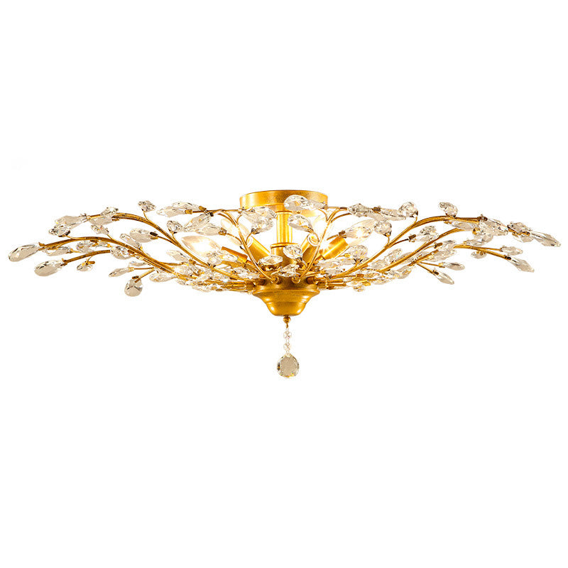 European Branch Iron Crystal Semi-Flush Ceiling Light