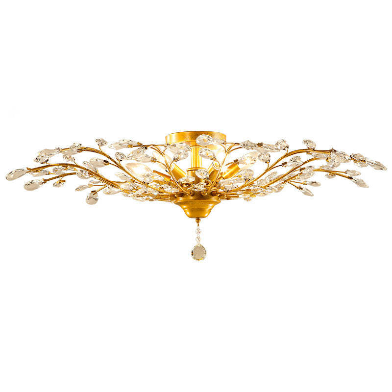 European Branch Iron Crystal Semi-Flush Ceiling Light