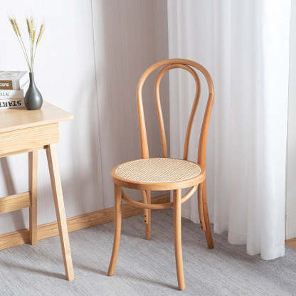 Scandinavian Round Rattan Wood Vanity Stool — Wood / A