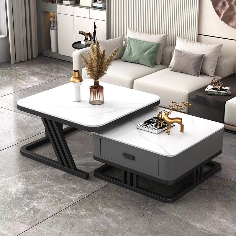 Modern Iron Frame Nesting Coffee Table — Gray Slate Tabletop+ White Slate Tabletop + Gray Drawer