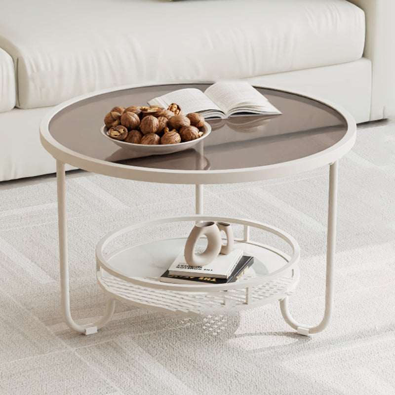 Modern Round Striped Glass Metal Coffee Table — White / Striped Glass