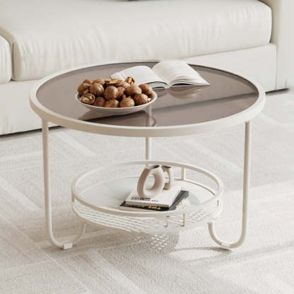 Modern Round Striped Glass Metal Coffee Table — White / Striped Glass