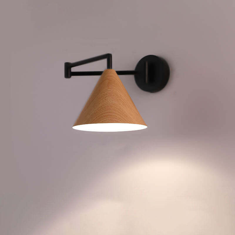 Nordic Cone Swing Arm Wood Grain Iron Wall Sconce