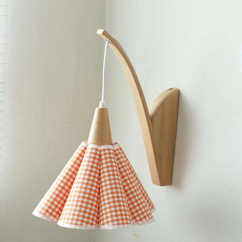 Japanese Solid Wood Pleated Fabric Umbrella Wall Sconce — Log Lamp Arm + Brown Fabric Lampshade / 220V-240V For UK/AU