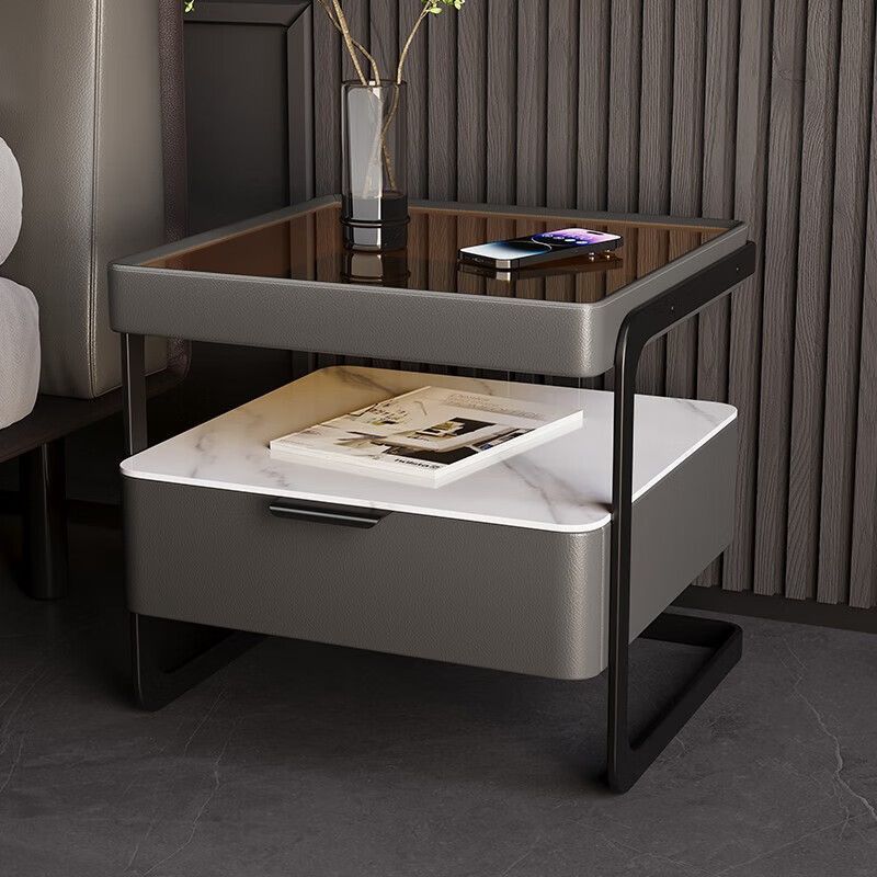 Minimalist Glass Nightstand 1-Drawer — Blue Gray - Drawer With Fingerprint Lock