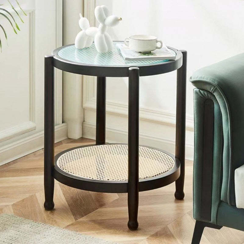 Minimalist Glass Rattan Wood 2-Tier Round Coffee Table