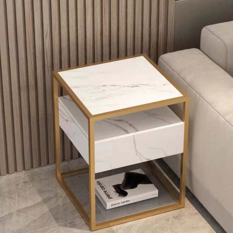 Scandinavian Glass Wood Rock Slab Square Nightstand 1-Drawer