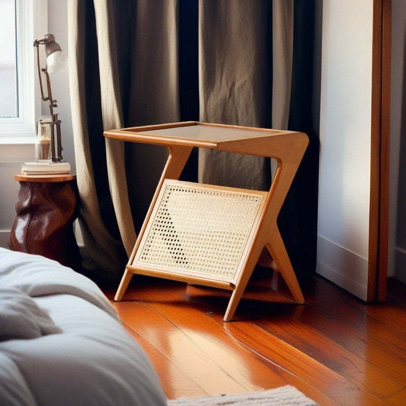 Japanese Rattan Rectangular Side Table 1-Shelf