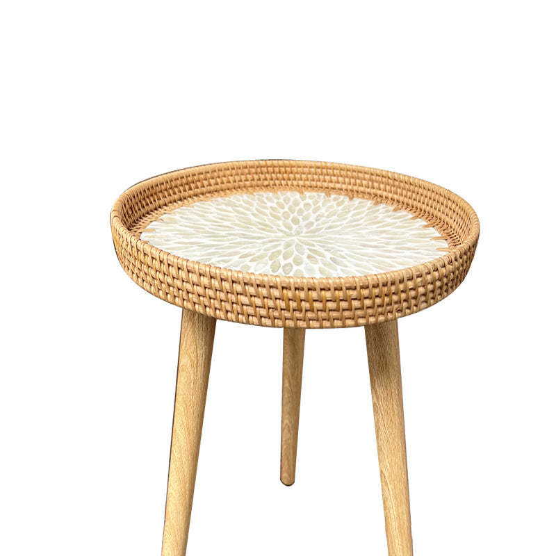 Rustic Handmade Shell Wood Rattan Side Table