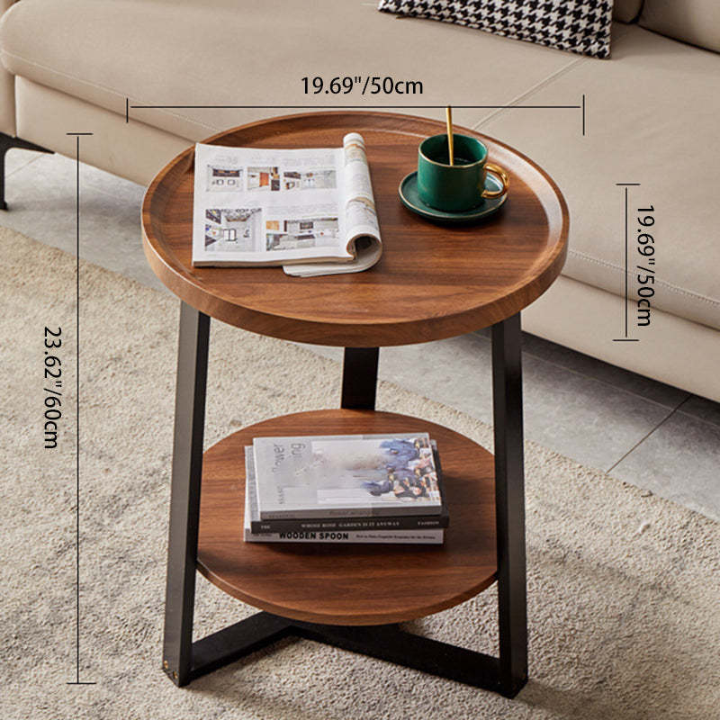 Scandinavian Round Wood Iron 2-Tier End Table