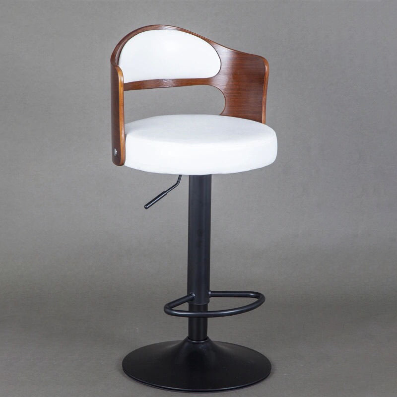 Contemporary Faux Leather Swivel Bar Stool — Walnut Color Backrest + Khaki Fabric Seat + Silver Base