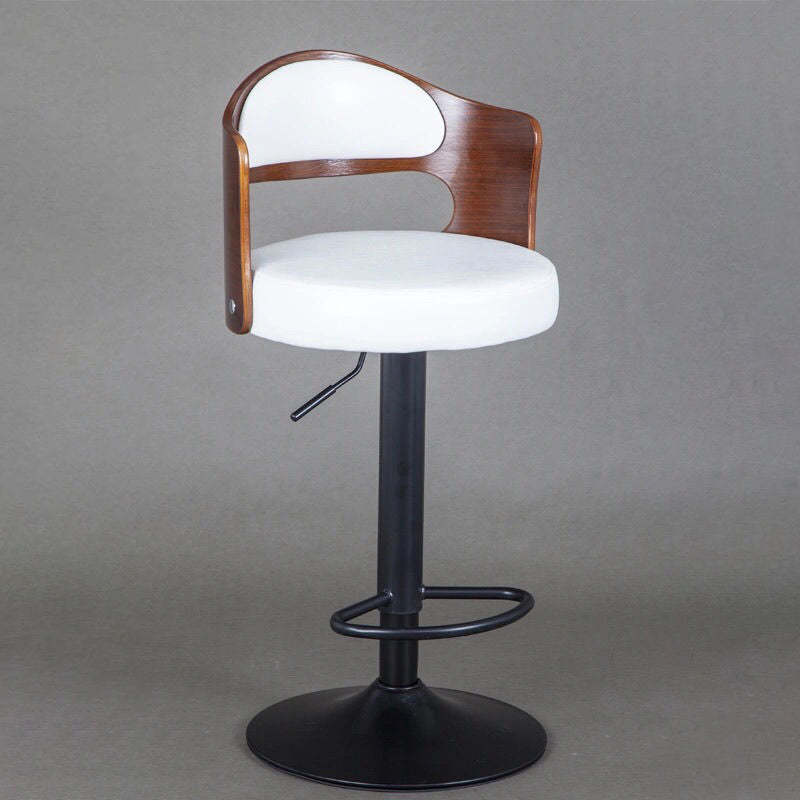 Contemporary Faux Leather Swivel Bar Stool — Walnut Color Backrest + Khaki Fabric Seat + Silver Base