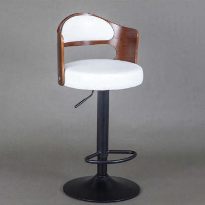 Contemporary Faux Leather Swivel Bar Stool — Walnut Color Backrest + Khaki Fabric Seat + Silver Base
