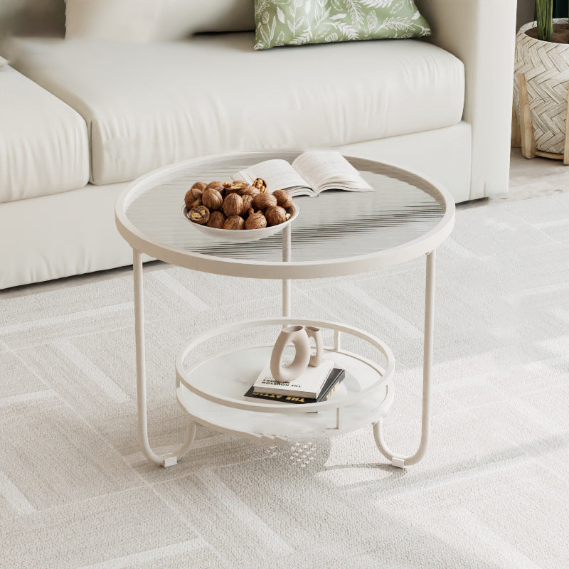 Modern Round Striped Glass Metal Coffee Table — White / Tea Color Glass