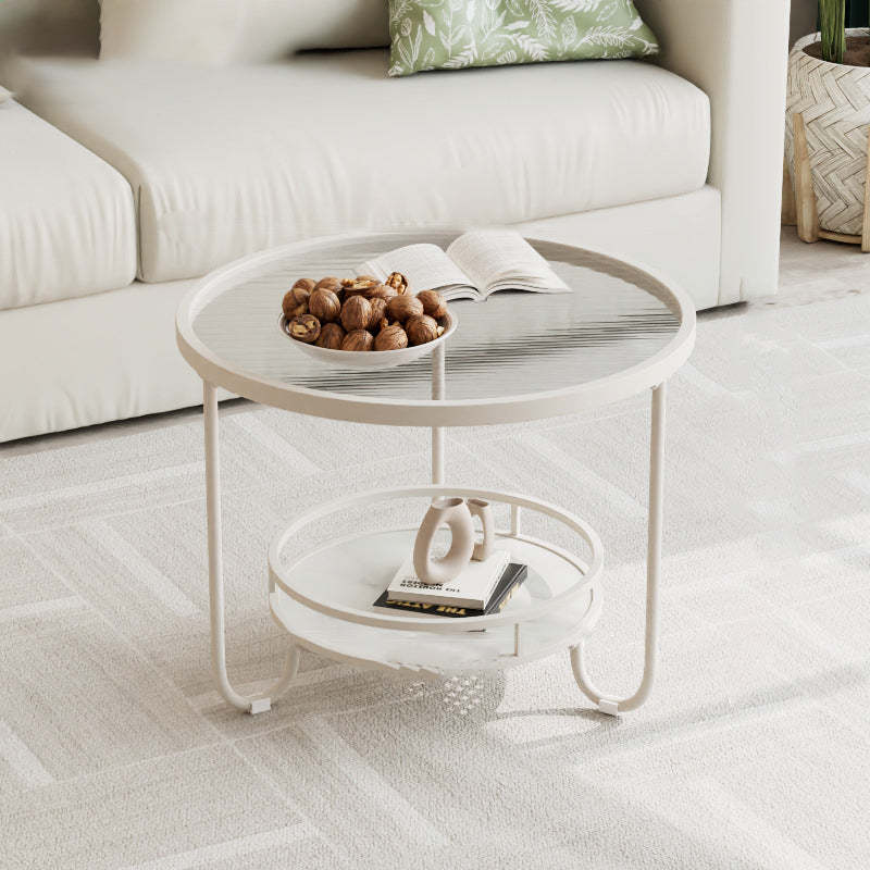 Modern Round Striped Glass Metal Coffee Table — White / Tea Color Glass