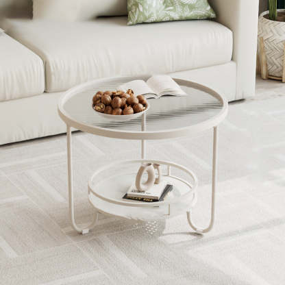 Modern Round Striped Glass Metal Coffee Table — White / Tea Color Glass