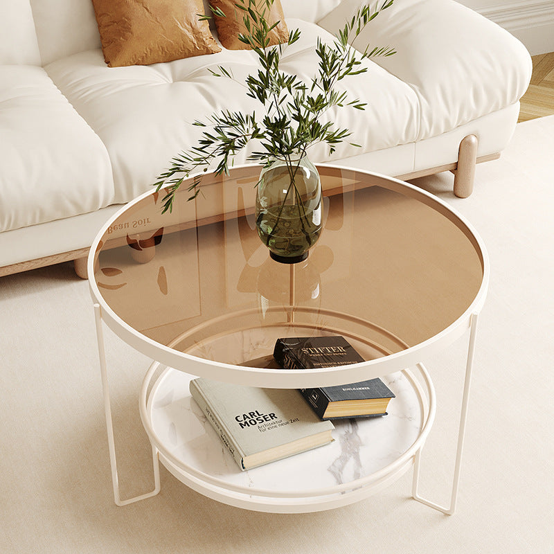 Minimalist Round Glass Rock Slab Coffee Table — Teal Glass + White Frame