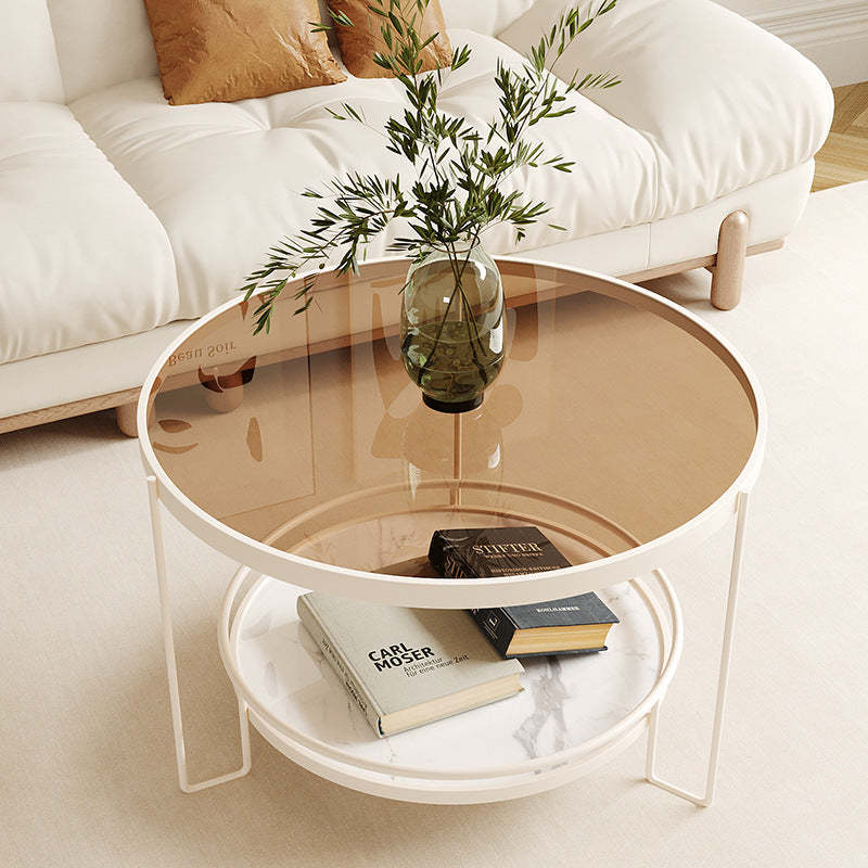Minimalist Round Glass Rock Slab Coffee Table — Teal Glass + White Frame