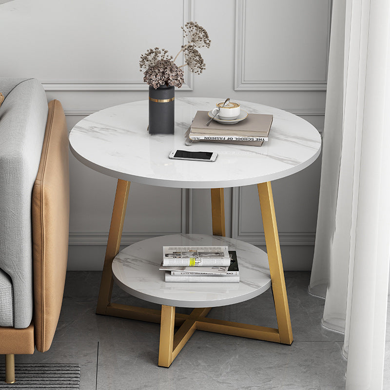 Modern Round Iron 2-Tier Side Table — White Panel + Gold Frame