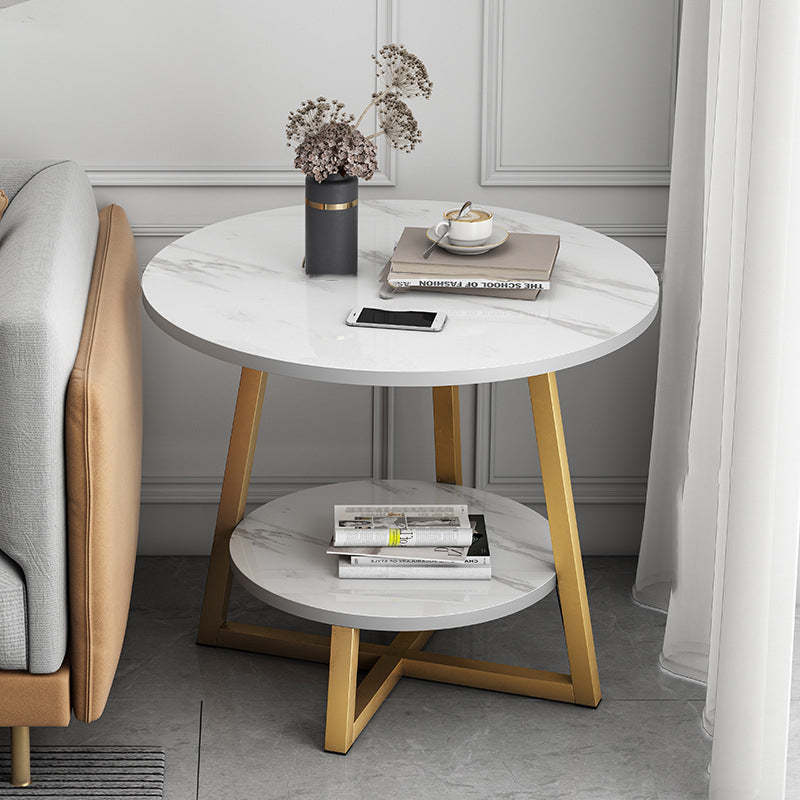 Modern Round Iron 2-Tier Side Table — White Panel + Gold Frame