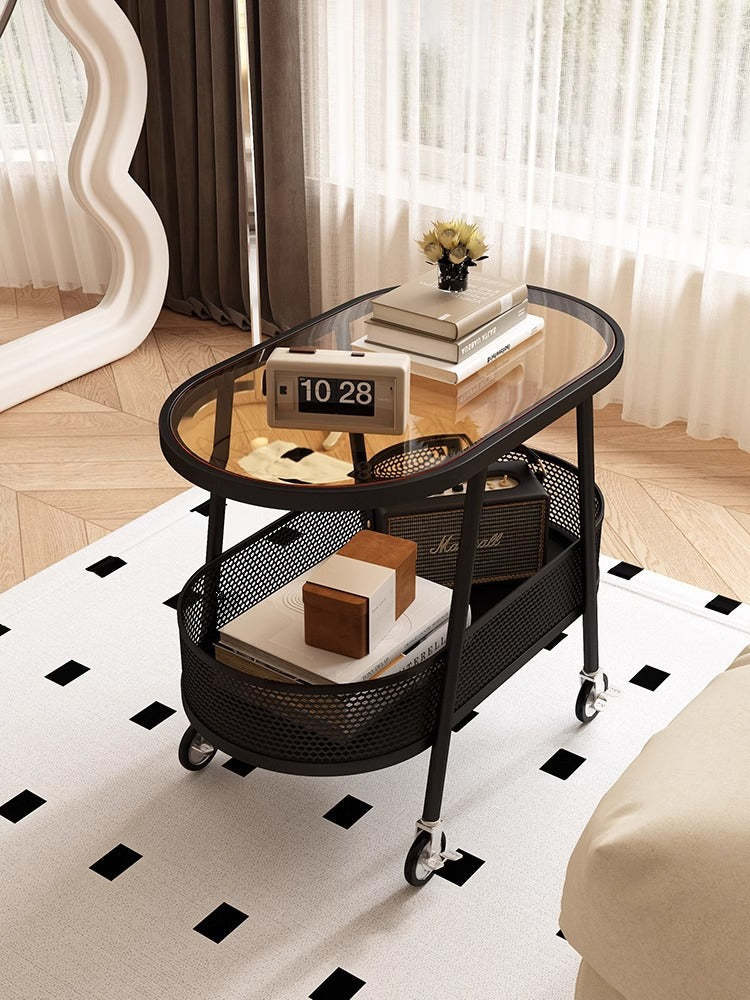 Modern Elliptical Glass Iron 2-Tier End Table — B / Beige