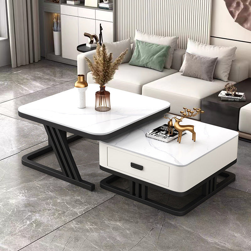 Modern Iron Frame Nesting Coffee Table — Gray Slate Tabletop + Gray Slate Tabletop +Gray Drawer