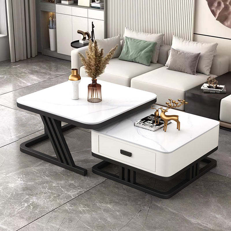 Modern Iron Frame Nesting Coffee Table — Gray Slate Tabletop + Gray Slate Tabletop +Gray Drawer