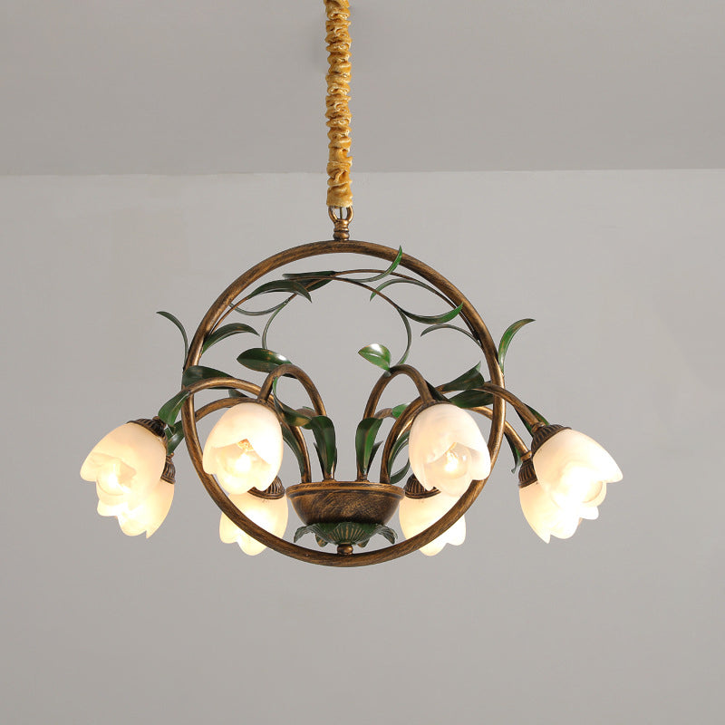 Art Deco Iron Lacquered Ring Tulip Glass Crystal Chandelier