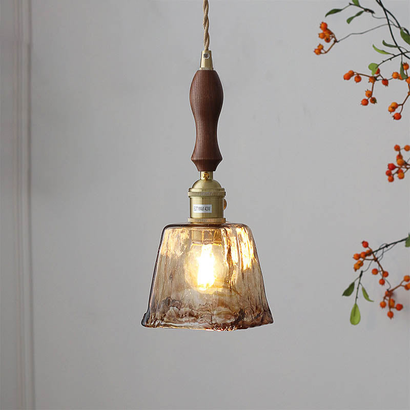 Modern Eclectic Amber Glass Walnut Pendant Light