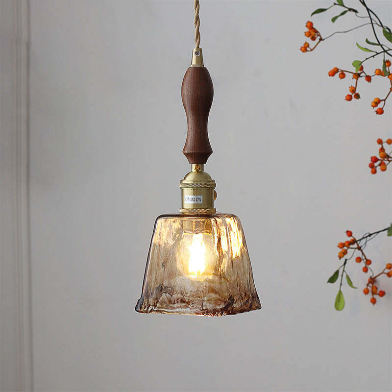 Modern Eclectic Amber Glass Walnut Pendant Light