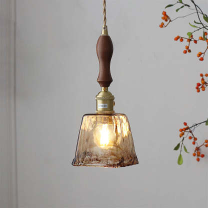 Modern Eclectic Amber Glass Walnut Pendant Light