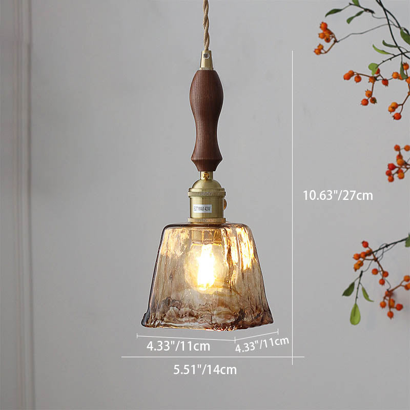 Modern Eclectic Amber Glass Walnut Pendant Light