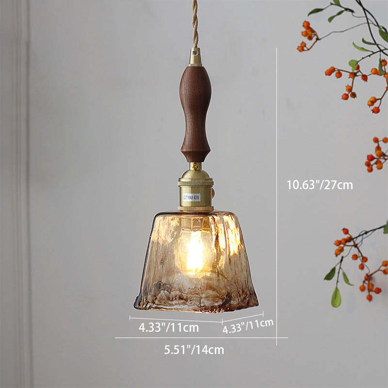 Modern Eclectic Amber Glass Walnut Pendant Light