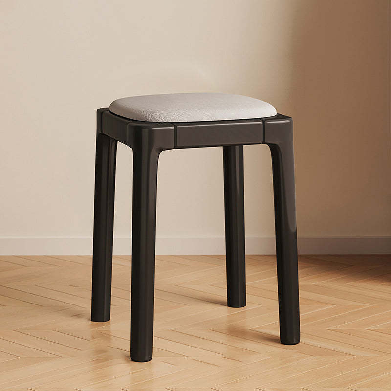 Modern Wood Leather Backless Vanity Stool — Gray Seat + Wood Color Legs