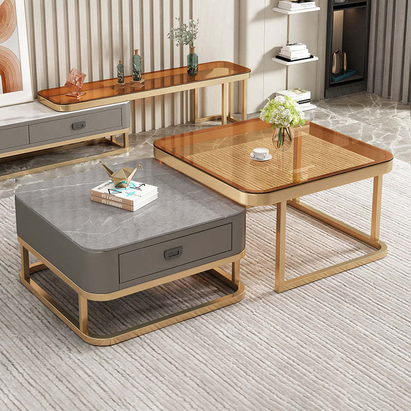 Minimalist Rock Slab Glass Square Coffee Table 1-Drawer