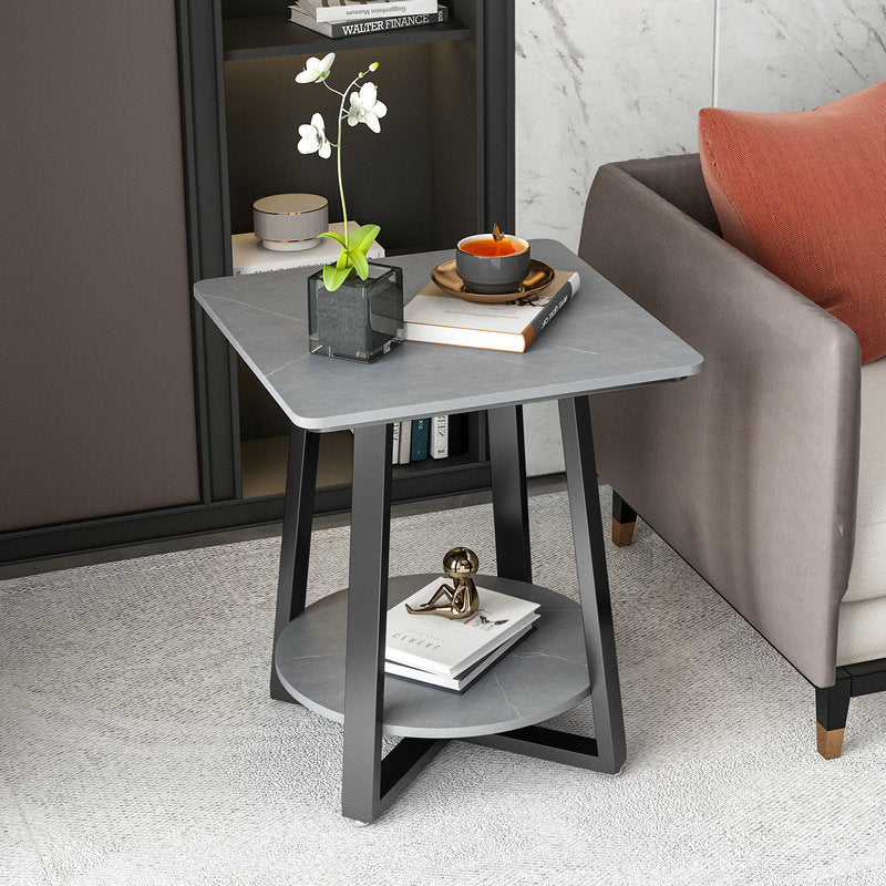 Minimalist Rock Slab Iron 2-Tier Side Table