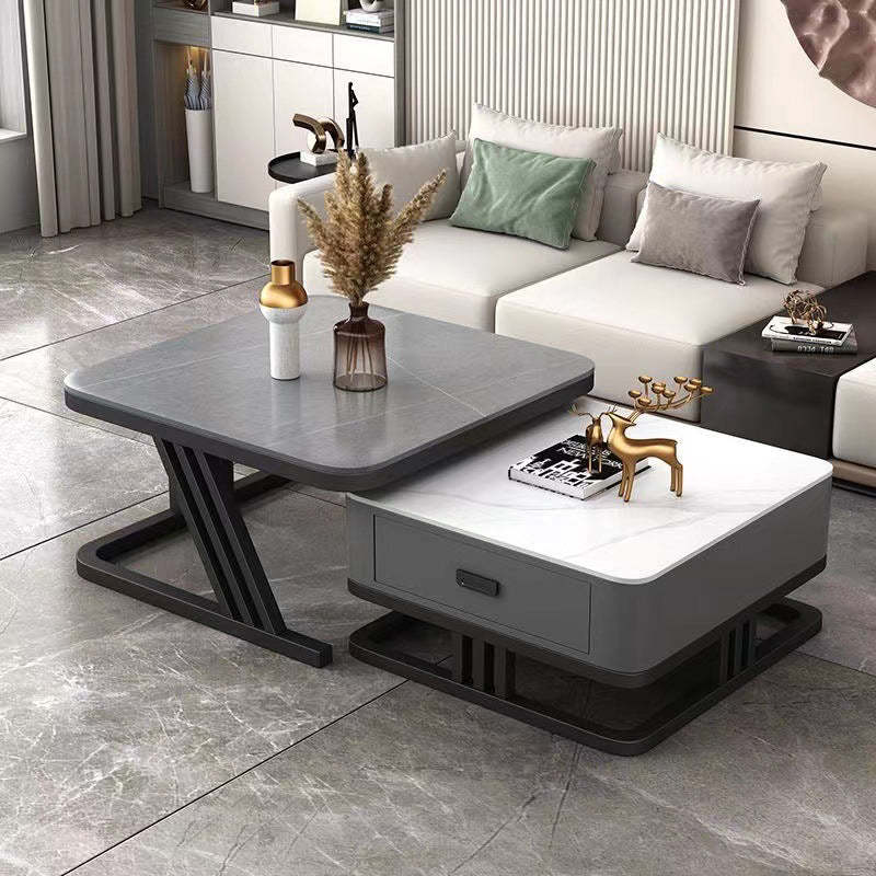 Modern Iron Frame Nesting Coffee Table — White Slate Tabletop+ Black Slate Tabletop +Black Drawer