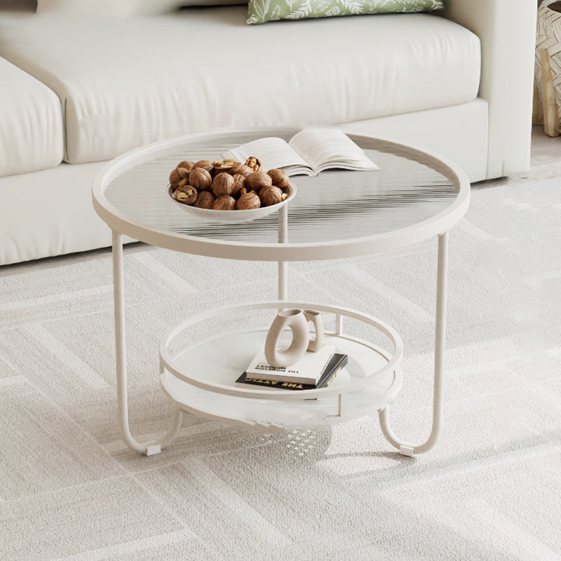 Modern Round Striped Glass Metal Coffee Table — White / Tea Color Glass