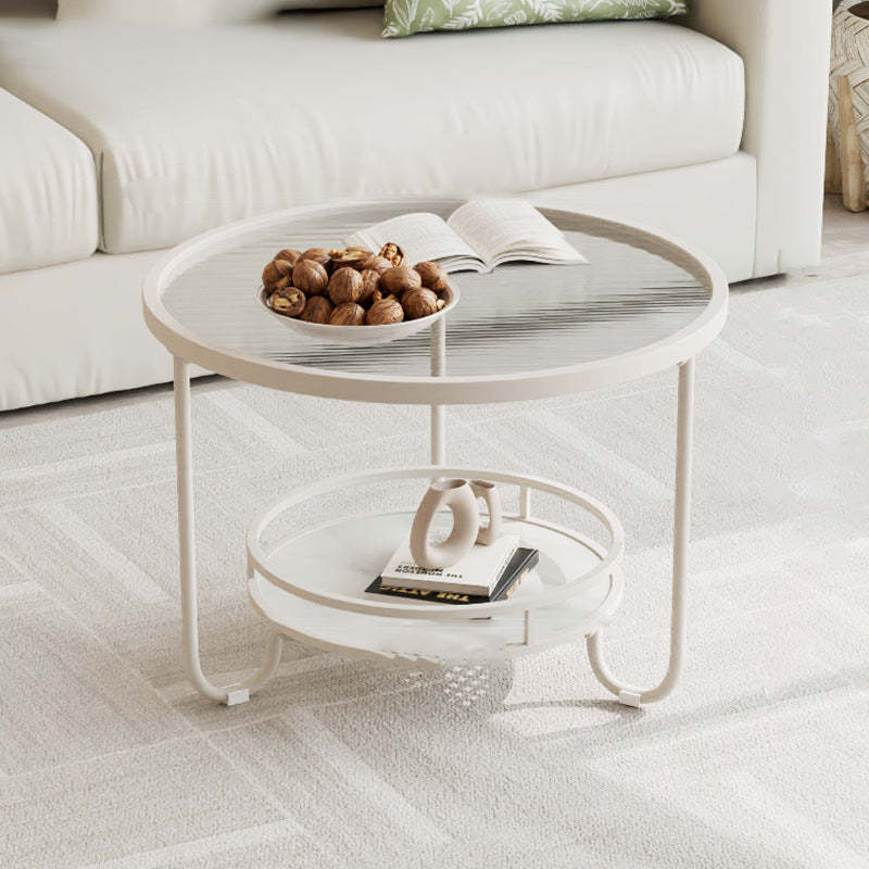 Modern Round Striped Glass Metal Coffee Table — White / Tea Color Glass
